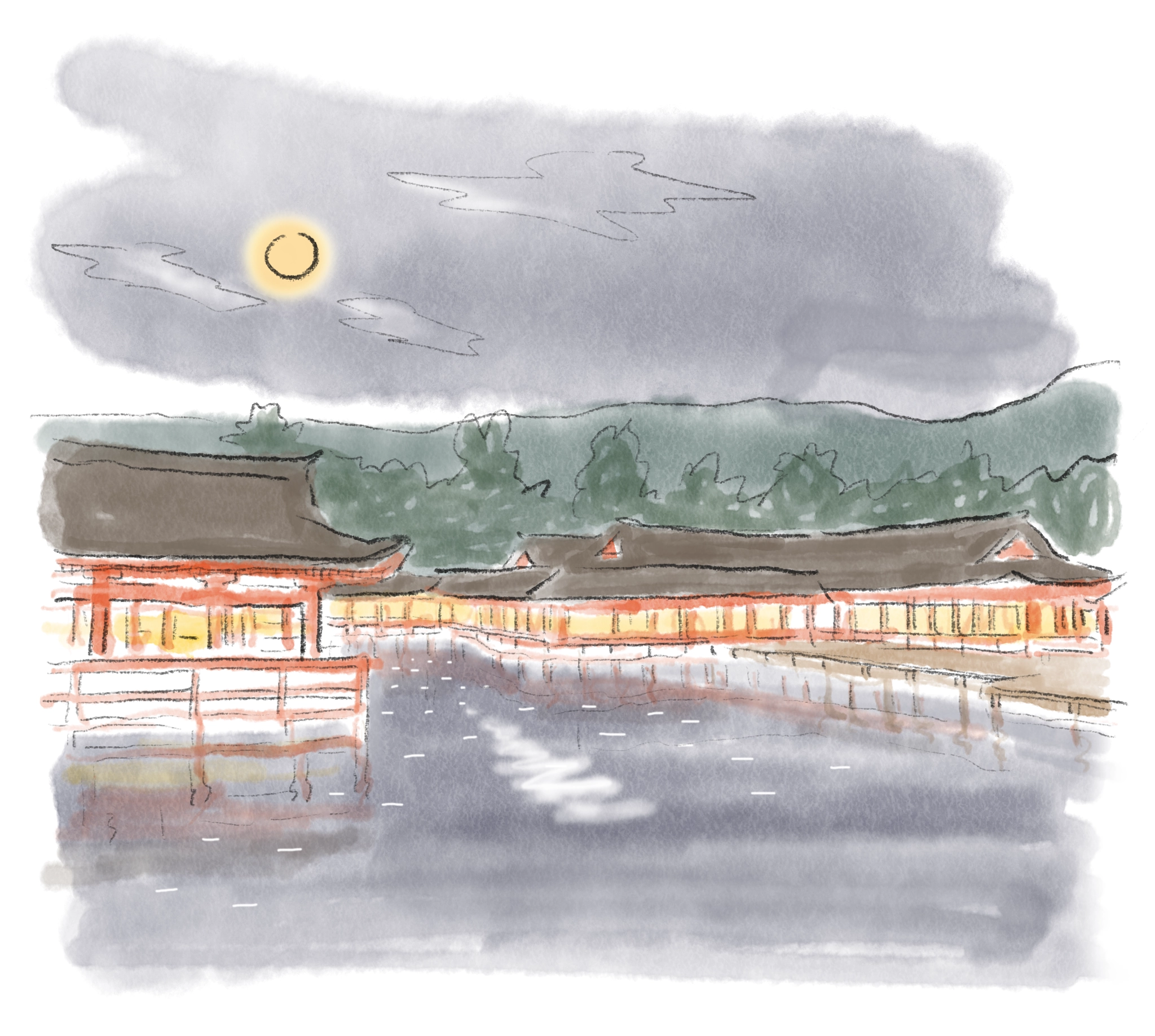 ライトアップされた嚴島神社をたたえた海に、月明かりが映る。夜の宮島で十数年越しのお礼参り 